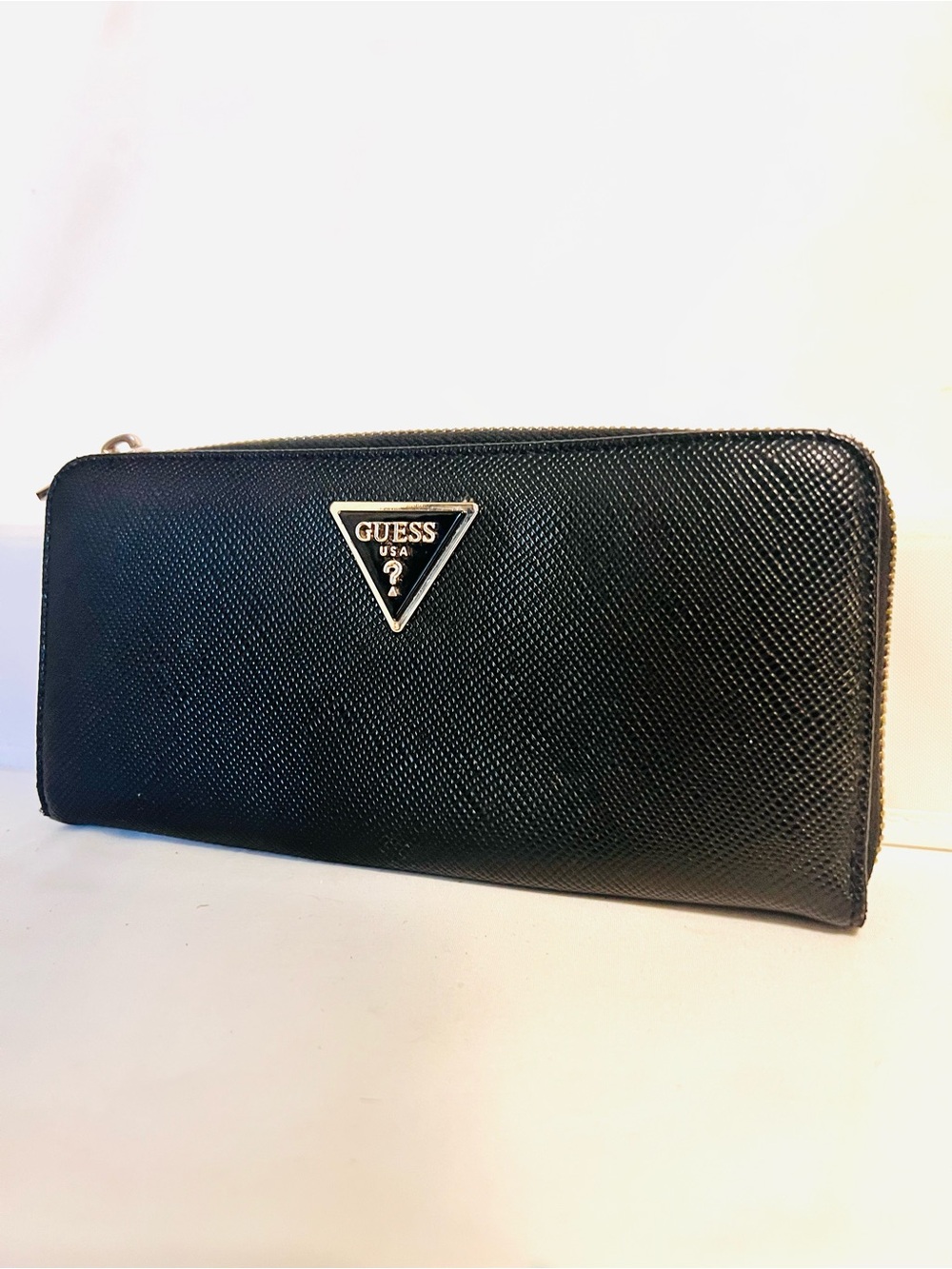 GUESS Black Textured Zip Wallet with Silver Logo